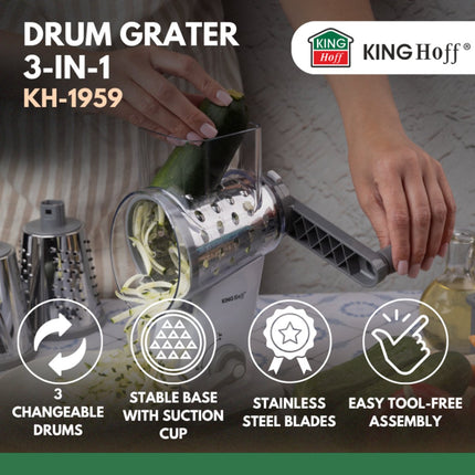 KINGHOFF Draaiende Rasp - 3-in-1 Rasp met Verwisselbare Drums - RVS Bladen - Zuignap - Grijs - KH-1959