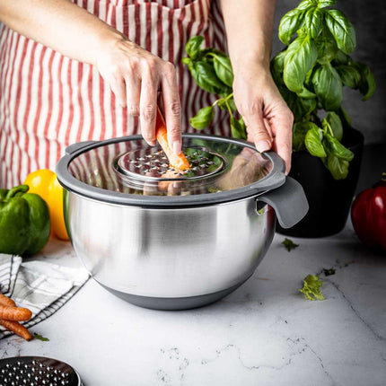 Kinghoff KH-1807 Professionele Roestvrijstalen Mengkom - 5 Liter - Met Deksel & Meetverdeling - Multifunctioneel voor Kneden, Raspen & Opslag