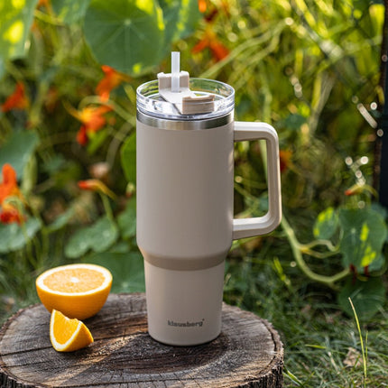 Klausberg KB-7943 Thermische Mok - 1100 ml - Beige - Dubbelwandige Isolatie - Met Handvat en Drinkdop - Thermosbeker - Warmhoudbeker - Thermosfles