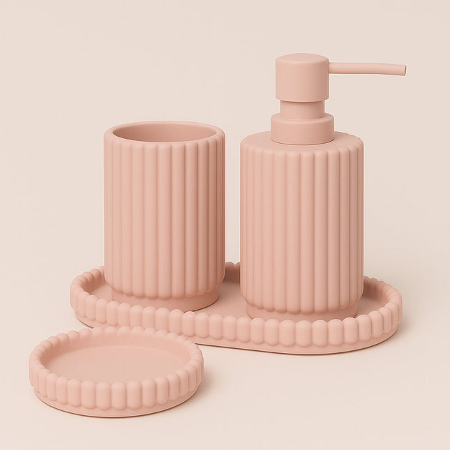 4-delige Roze Badkamer & Keukenset - Zeepdispenser, Zeepbakje, Tandenborstelhouder en Plateau - Modern Design van Hars - Zeeppomp - Zeepset