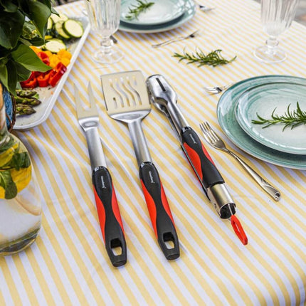 Klausberg KB-7899 Barbecue Set - 3-delige Grillset RVS met Plastic Handvatten (Spatel, Vork & Tang) - Leuke giftset voor de Kamado / Weber liefhebbers!