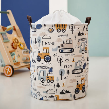 Graafmachine Speelgoedopbergmand - Katoenen Opbergbox met Trekkoord - Constructie Voertuigen Print - 43 Liter - 35x35x45 cm - Sipo - Kledingmand - Wasmand - Takelwagen