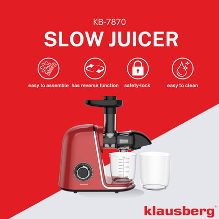 Klausberg Slowjuicer – 150W - 700ml - Groenten en Fruitpers – Met Pulpreservoir | Kersenrood | Juice Maker - Juicer met 7-Traps Perssysteem