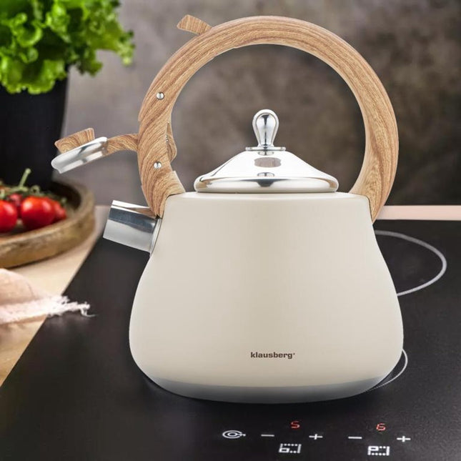 Klausberg Waterkoker 2.8L RVS - Fluitekettle voor Alle Hittebronnen (Inductie, Gas) - Beige met Hout Look Handvat