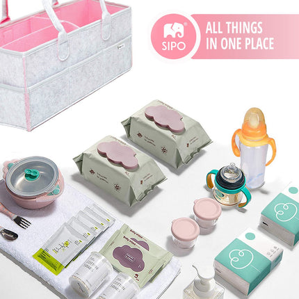 SIPO Luier Organizer Tas - Opbergmand voor Baby Accessoires - Grijze Felt Caddy met Handvat - 3 Vakken + 8 Zakken - Grijs / Roze - Commode Tas - Commode Organizer