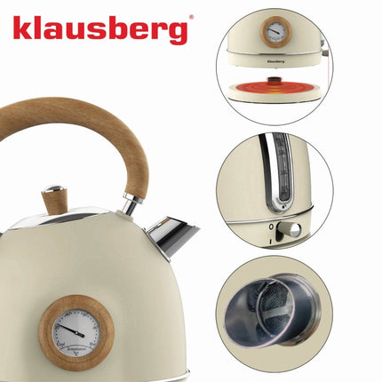 Klausberg 7906 - Retro Waterkoker - 1,8L - RVS - creme - met thermometer