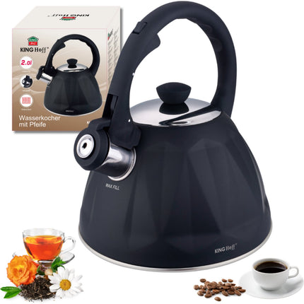 KINGHoff Fluitketel 2 Liter – RVS – Inductie Geschikt – Matte Zwarte Diamantstructuur – Soft-Touch Handgreep – KH-1997