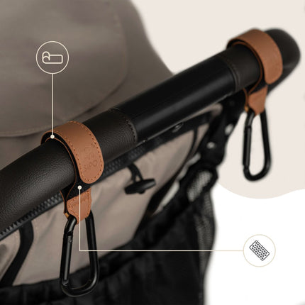 Sipo SCA-11 Universele Wagenhaakjes - Set van 2 Stuks - Bruin Eco Leren Design - Maximaal 5 kg Draagkracht - Kinderwagen Boodschappenhaak -