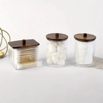 Set van 3 Wattenhouders – Badkamerorganizer met Houten Dekseks voor Wattenstaafjes, Wattenschijfjes en Wattenbolletjes - Donkerbruin - Stofvrij