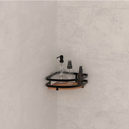5Five Badkamer douche rekje organizer - 2x - zwart metaal/acacia hout - kleefstrip - 20 x 20 x 7 cm - hoek plaatsing