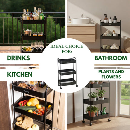 Kinghoff KH-1941 Mobiele 3-delige Stellingkar - Verrijdbare Opbergkar voor Keuken, Badkamer & Kantoor - Zwart - Keukenorganizer - Badkamerorganizer