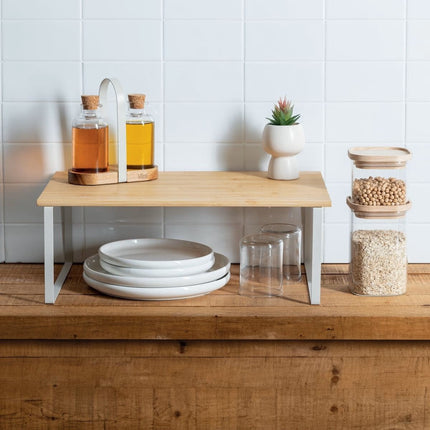 5Five Keuken/aanrecht rekje - metaal/bamboe hout - 50 x 30 x 18 cm - keuken organizer - naturel/wit - verhoger