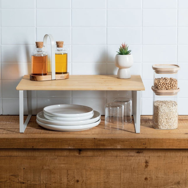 5Five Keuken/aanrecht rekje - metaal/bamboe hout - 50 x 30 x 18 cm - keuken organizer - naturel/wit - verhoger