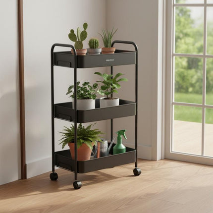 Kinghoff KH-1941 Mobiele 3-delige Stellingkar - Verrijdbare Opbergkar voor Keuken, Badkamer & Kantoor - Zwart - Keukenorganizer - Badkamerorganizer