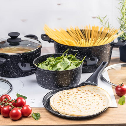 Klausberg KB-7962 Pannenset 7 Delig Zwart | Marmer Anti-aanbaklaag | Inclusief Pannenkoekenpan | Geschikt voor Inductie