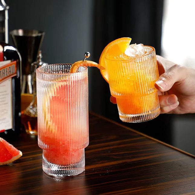 Geribbelde glazenset met glazen rietje, drinkglazen, origami-stijl, glazen bekers, rible vintage glaswerk, 4-delige 310 ml longdrinkglazenset, glazen set ideaal voor cocktails (longdrinkglazen 6 set)
