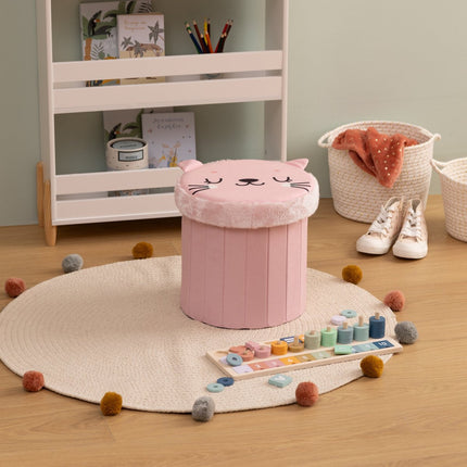 Atmosphera Kat Opvouwbare Poef - Opberger - Ø30xH38cm - Roze