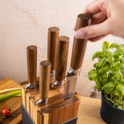 Klausberg KB-7983 6 Delig Messenset - 5 Messen met Acacia Houten Messenblok - Roestvrij Staal Keukenmessen Zwart - o.a. Broodmes , Vleesmes , Koksmes , Groentemes en Messenblok