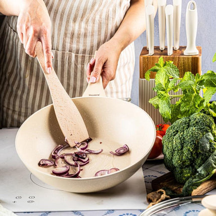 Klausberg Wokpan 28 cm met Deksel – Marble Coating – Inductie Geschikt – Diepe Hapjespan 3.9L – Crème – KB-7991