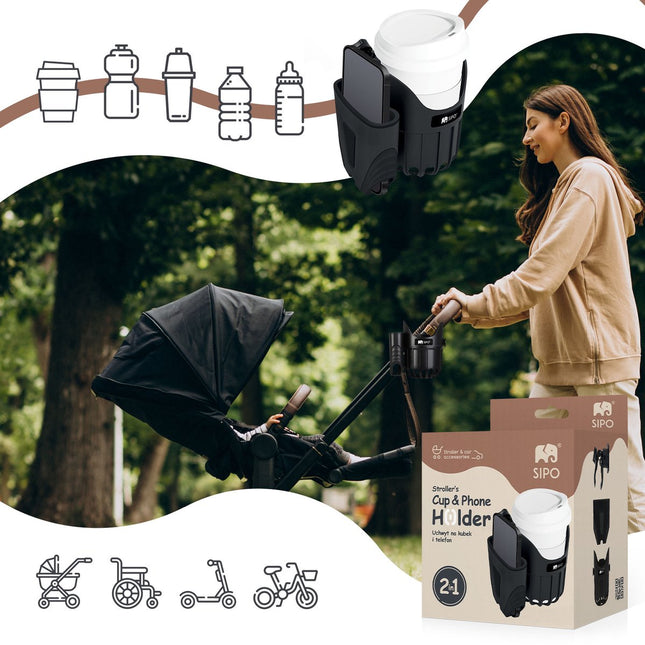 Sipo SCA-03 Universele Houder voor Beker en Telefoon 2-in-1 - Voor Kinderwagens, Fietsen en Rolstoelen - Kinderwagen Telefoonhouder - Bekerhouder Buggy -