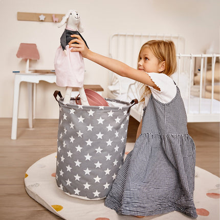 Grijze Speelgoedopbergmand met Sterren - Katoenen Wasmand voor Kinderen - Opbergbox met Trekkoord - 43 Liter - 35x35x45 cm - Kledingmand - Sipo