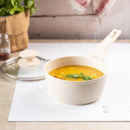 Klausberg KB-7987 Steelpan 16 cm – 1.2 Liter – Marble Anti-aanbaklaag – Inductie Geschikt – Met Glazen Deksel – Crème