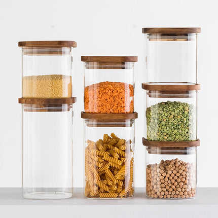 Glazen voorraadpot 400 ml acacia deksel Five® - Transparant - Stapelbaar | Met deksel | Luchtdicht