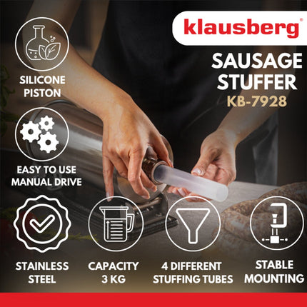 Klausberg KB-7928 Horizontale Worstvuller | 3 kg Capaciteit | RVS | Met Klemmen en Zuiger | Vleesvuller | Worstmaker