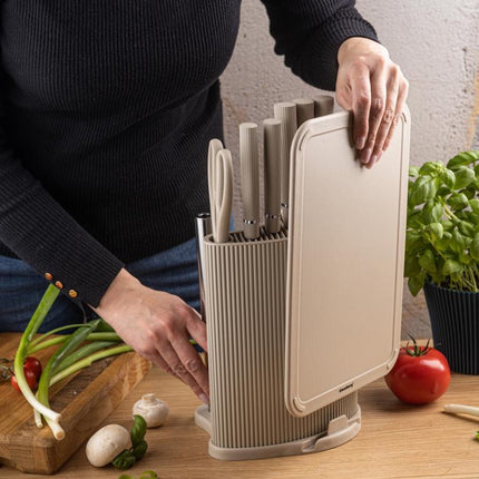 Klausberg KB-7978 8 Delig Keukenset - Messenset met Snijplank en Papierrolhouder - Beige Roestvrij Staal