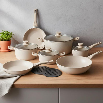 Klausberg KB-7959 Pannenset 12 Delig Beige | Marmer Anti-aanbaklaag | Inclusief Koekenpan en Wok | Geschikt voor Inductie | Cremewit