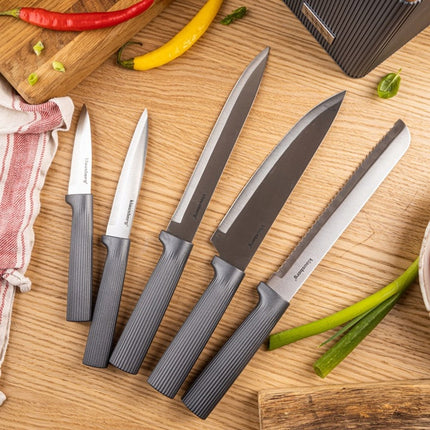 KLAUSBERG 6-Delige Messenset met blok – Acaciahouten Blok – RVS keukenmessen – Grafiet Handgrepen – KB-7982