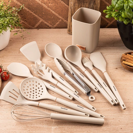 Klausberg Keukengerei Set 12-delig met Standaard – Siliconen Keukengerei – Hittebestendig 220°C – Beige