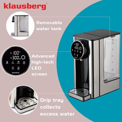 Klausberg KB7880 Hot Water Dispenser – 2,7 Liter – LED Touchbediening – Temperatuur- & Volumecontrole – 2600W - Heetwaterdispenser