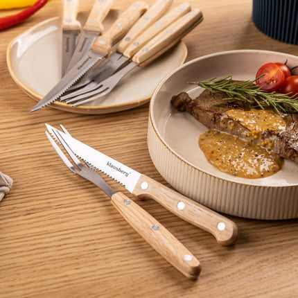 KLAUSBERG 8-Delige Steak & BBQ Set – 4 Steakmessen + 4 Vorken – RVS Bladen – Houten Handgrepen – KB-7976