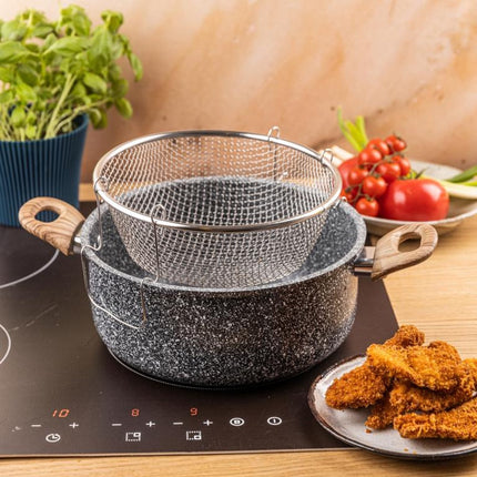 KingHoff KH-1985 4.0 Liter Frituur Pan met Mand - Marmer Non-Stick - Geschikt voor Alle Kookplaten Inclusief Inductie - 24 cm - Frituurpan met Korf - Friteuse