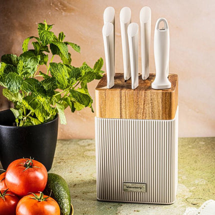 Klausberg KB-7984 8 Delig Messenset - Messenblok met Acacia Hout - Roestvrij Staal Inclusief Slijpstaaf - Broodmes - Koksmes - Vleesmes -