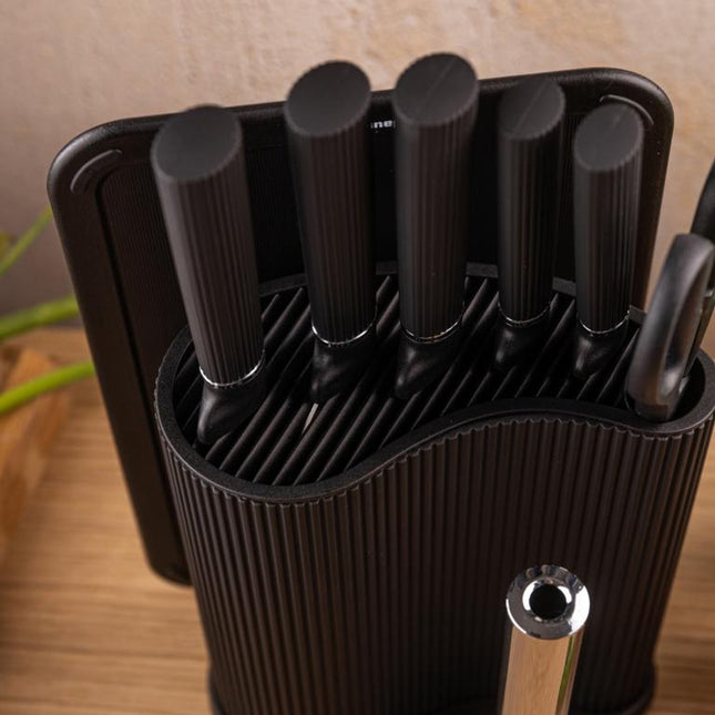 Klausberg KB-7977 8 Delig Keukenset - Messenset met Snijplank en Papierrolhouder - Zwart Roestvrij Staal - Messenblok - o.a. Koksmes, Broodmes, Snijplank, Keukenset