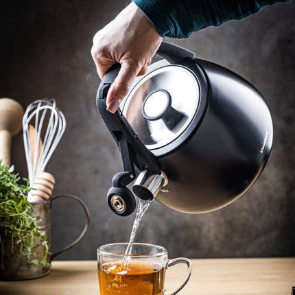 Klausberg 7774 - Fluitketel met fluit - 2.5 liter - RVS - Zwart met houten handgreep