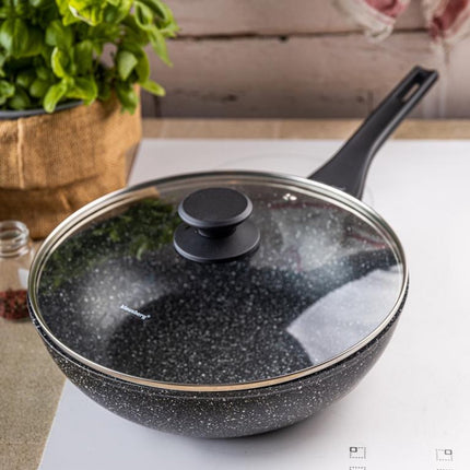 Klausberg Wokpan 28 cm met Deksel – Marble Anti-aanbaklaag – 3.9L – Inductie Geschikt – Aluminium Wok – Met Glazen Deksel – KB-7990