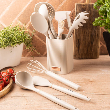 Klausberg Keukengerei Set 12-delig met Standaard – Siliconen Keukengerei – Hittebestendig 220°C – Beige