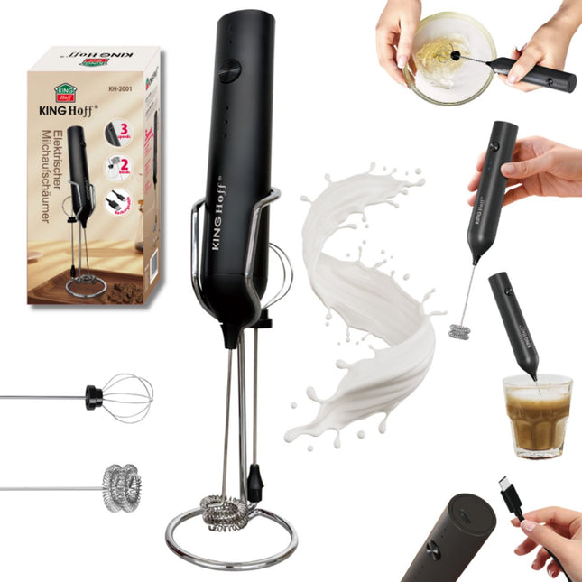 KINGHoff Elektrische Melkopschuimer – Draadloos – USB-C Oplaadbaar – 3 Snelheden – 2 Opzetstukken – KH-2001