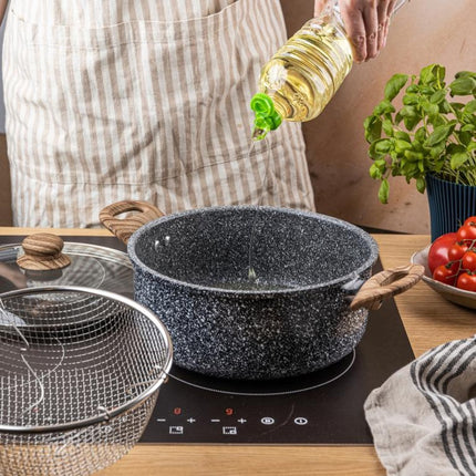 KingHoff KH-1985 4.0 Liter Frituur Pan met Mand - Marmer Non-Stick - Geschikt voor Alle Kookplaten Inclusief Inductie - 24 cm - Frituurpan met Korf - Friteuse