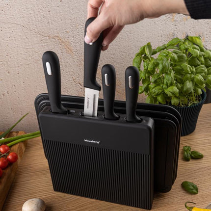 Klausberg KB-7980 8 Delig Keukenset - 4 Messen en 3 Snijplanken met Opbergstandaard - Compleet Snijset Zwart - Messenset - Messenblok - o.a. Koksmes , Vleesmes , 3 snijplanken