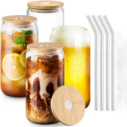 Duurzame Glazen met Bamboe Deksels en Glazen Rietjes – Set van 2 – Incl. Schoonmaakborstels – Geschikt voor Iced Coffee & Bubble Tea