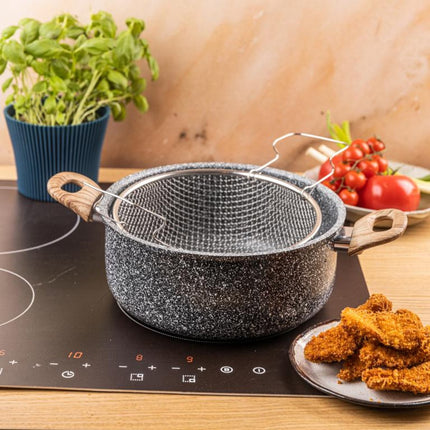 KingHoff KH-1985 4.0 Liter Frituur Pan met Mand - Marmer Non-Stick - Geschikt voor Alle Kookplaten Inclusief Inductie - 24 cm - Frituurpan met Korf - Friteuse