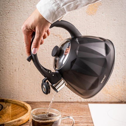 KINGHoff Fluitketel 2 Liter – RVS – Inductie Geschikt – Matte Zwarte Diamantstructuur – Soft-Touch Handgreep – KH-1997