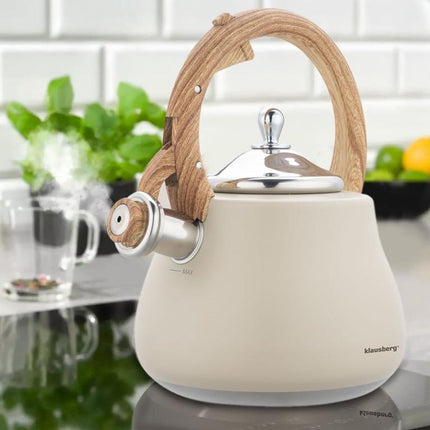 Klausberg Waterkoker 2.8L RVS - Fluitekettle voor Alle Hittebronnen (Inductie, Gas) - Beige met Hout Look Handvat