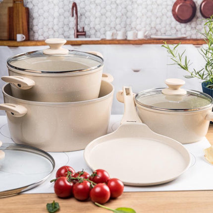 Klausberg KB-7963 Pannenset 7 Delig Beige | Marmer Anti-aanbaklaag | Inclusief Koekenpan 24 cm | Geschikt voor Inductie