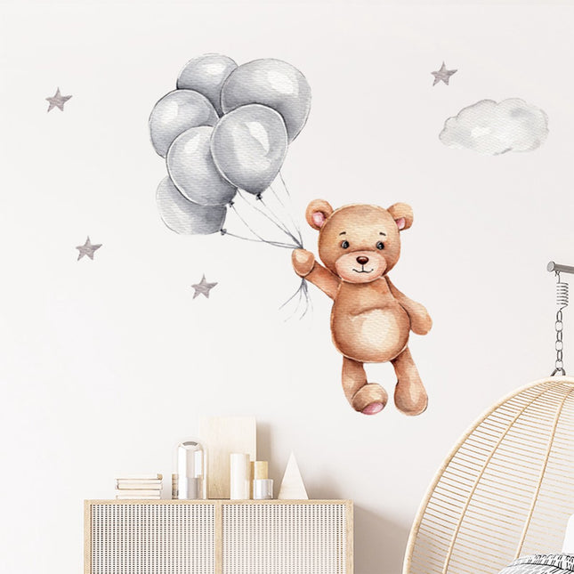 Sipo Wandsticker Beer met Ballonnen - Zelfklevende Muurdecoratie voor Kinderkamer - 67x50 cm - Kleurrijke Beer Wandsticker voor Babykamer en Peuterruimte