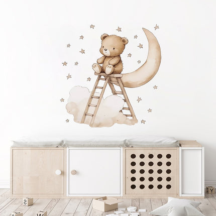 Sipo Wandsticker Beer op Ladder - Zelfklevende Muurdecoratie voor Kinderkamer - 62x60 cm - Schattige Beer Sticker voor Babykamer en Peuterruimte - Muursticker Kinderkamer